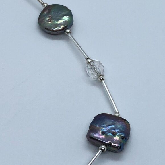 Stunning Sterling Silver, Crystal & Circle/ Square Button Pearl Vintage Necklace - Picture 4 of 7